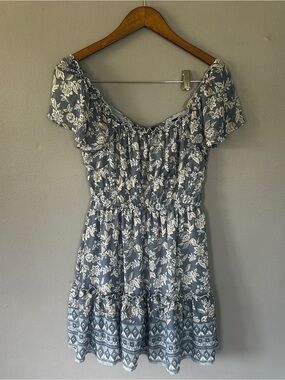 Trixxi Blue Floral Off Shoulder Mini Dress Smocked Waist Boho Medium